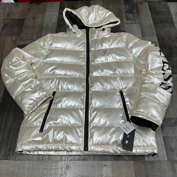 Guess Men's Holographic Hooded Puffer Jacket, White, Large, Style 110AP840 - Picture 1 of 16